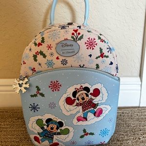Disney Loungefly winter Mickey and Minnie backpack NWT
